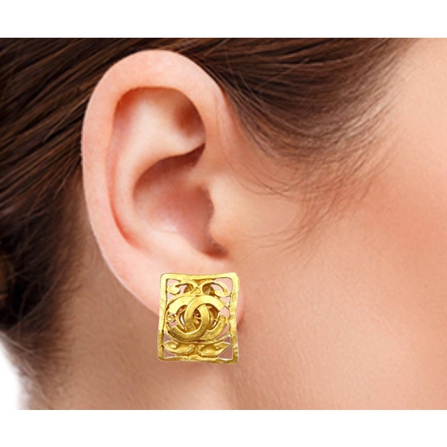 Chanel Vintage Gold Plated CC Filigree Rectangle Clip on Earrings *Marked 95 *Made in France -It is approximately 1" x...