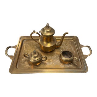 Vintage Brass Finish 4 Piece Tea Set With Pinecone Finials For Sale