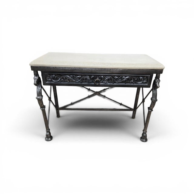 Neoclassical Horsehead Wrought Iron Console Tablke W Cast Stone Top sold as found previously owned showing nor,mal signsof...