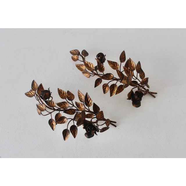 Late 20th Century Hans Kögl Style Gilded Flowers Stems Leaves Wall Mount Candle Holders Sconces - a Pair For Sale - Image 16 of 18