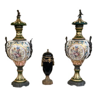 French Style Turquoise Porcelain Vase With Floral Artwork, Cherub Finial, Gold Leaf & Bronze Accents For Sale