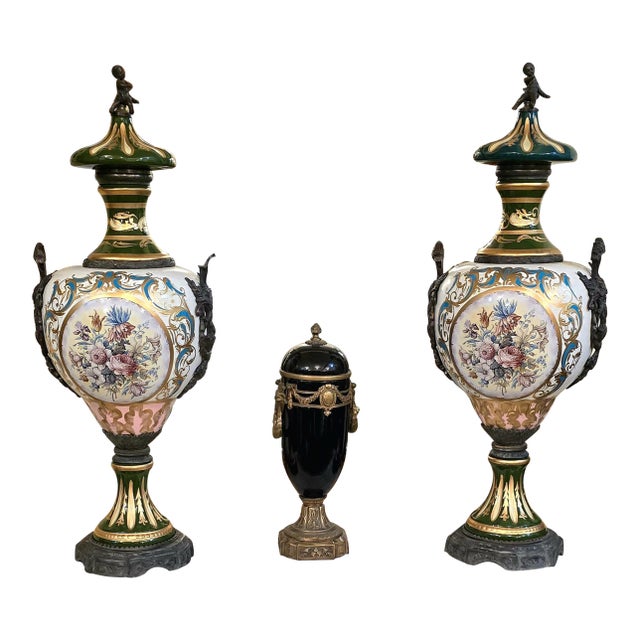 French Style Turquoise Porcelain Vase With Floral Artwork, Cherub Finial, Gold Leaf & Bronze Accents For Sale