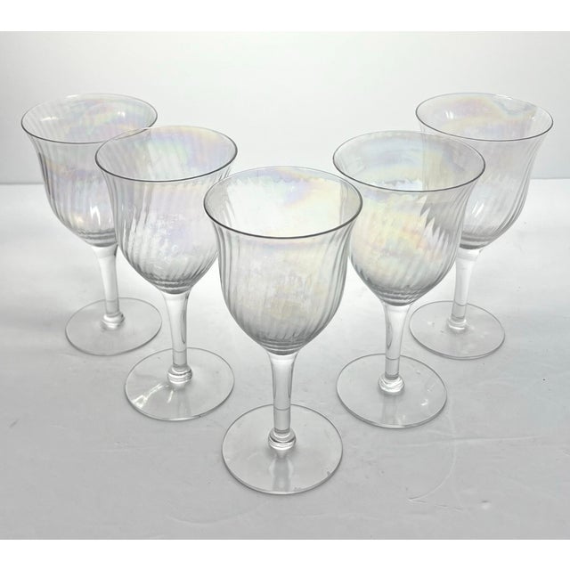 Mid-Century Modern Vintage Mid-Century Modern Lustre Iridescent Rainbow Pearl Optic Wine Glasses - Set of 5 For Sale - Image 3 of 6