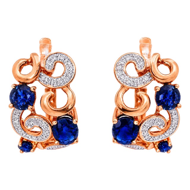 Late 20th Century 14K Pink Rose Gold Diamond Sapphire Swirl Earrings, Pair For Sale