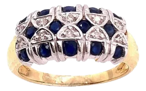 14 Karat Two-Tone Yellow and Gold Sapphire and Diamond Band / Ring, Size 9