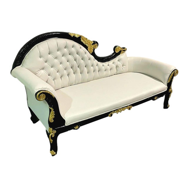 Rococo Chaise Lounge – White Leather, Black Lacquer Frame For Sale