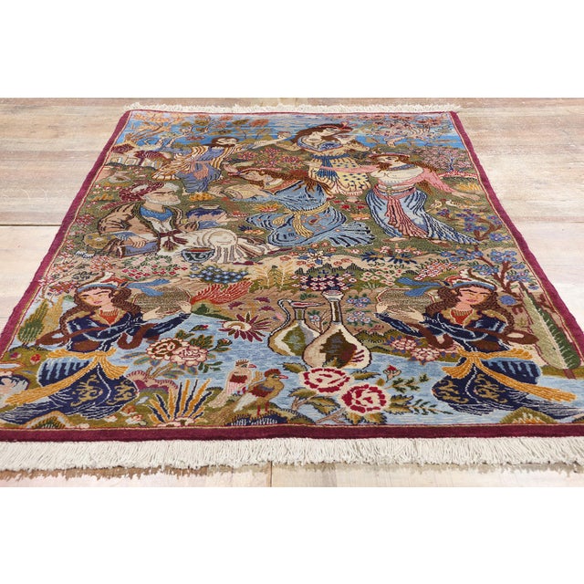 Sky Blue Vintage Persian Mashhad Omar Khayyam Pictorial Rug - 03'10 X 06'09 For Sale - Image 8 of 9