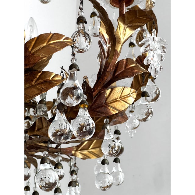 Metal Vintage Chandelier with Crystal Drops and Gilded Brass, 1950s For Sale - Image 7 of 14