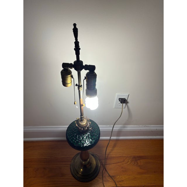 Vintage Brass and Forest Green Glass Dual-Socket Banquet Lamp For Sale - Image 9 of 10