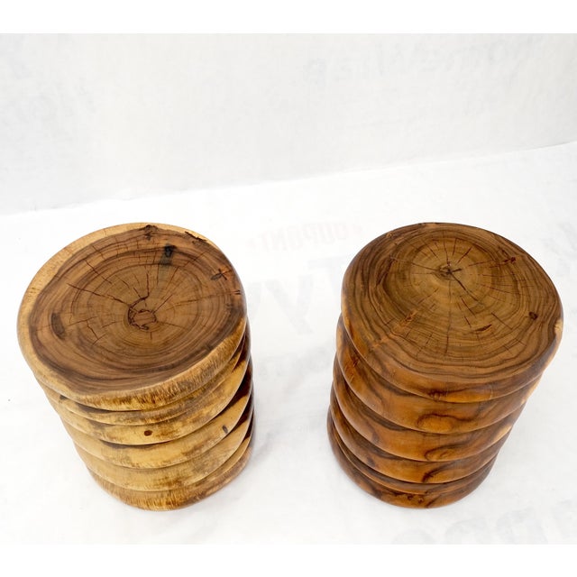 Pair Solid Carved Wood Cylinder Shape Bases Glass Top End Side Tables Stands For Sale - Image 10 of 18