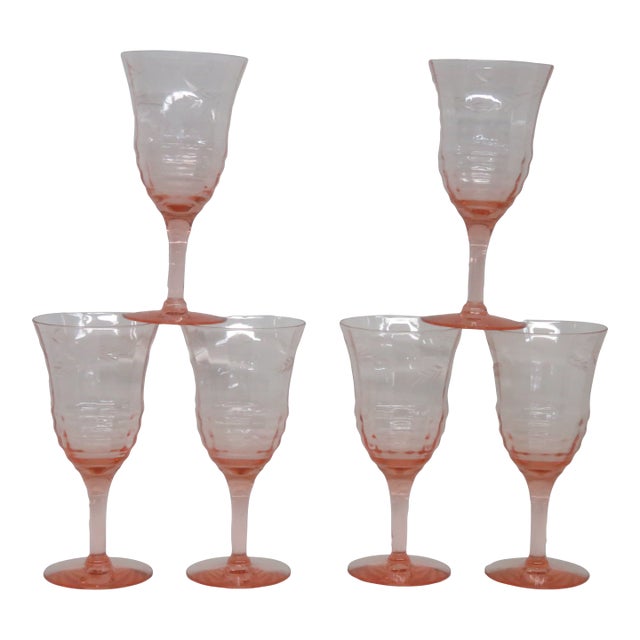Early 20th Century Pink Stem Depression Glass Ribbed Glassware Wine Water Drink Goblets 4752b - 6pc For Sale