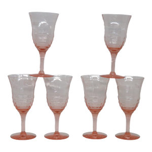 Early 20th Century Pink Stem Depression Glass Ribbed Glassware Wine Water Drink Goblets 4752b - 6pc