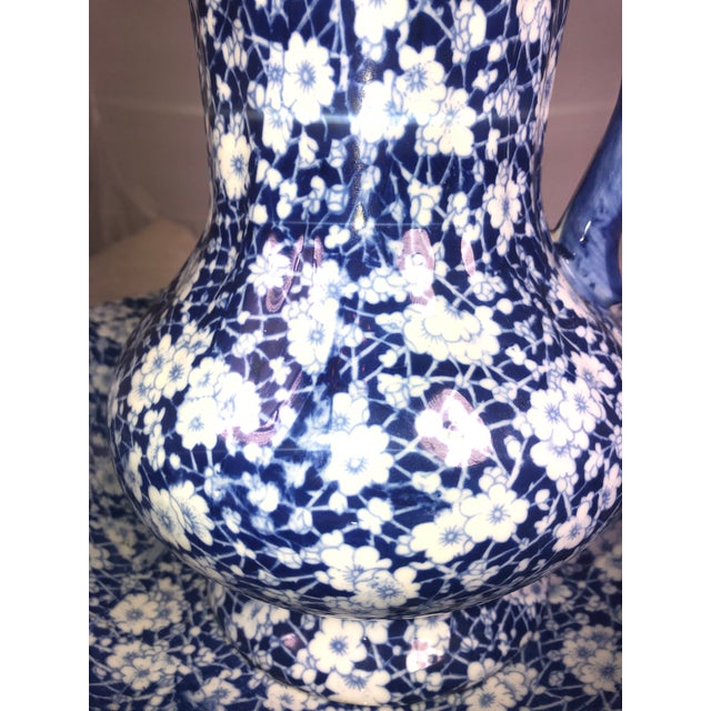 American Vintage Victorian Pitcher and Wash Basin Blue and White Flowers Ironstone Set For Sale - Image 3 of 6