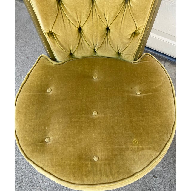 Wood Pair of Vintage Lewittes Hollywood Regency Tufted Citrus Velvet High-Back Dining Chairs For Sale - Image 7 of 18