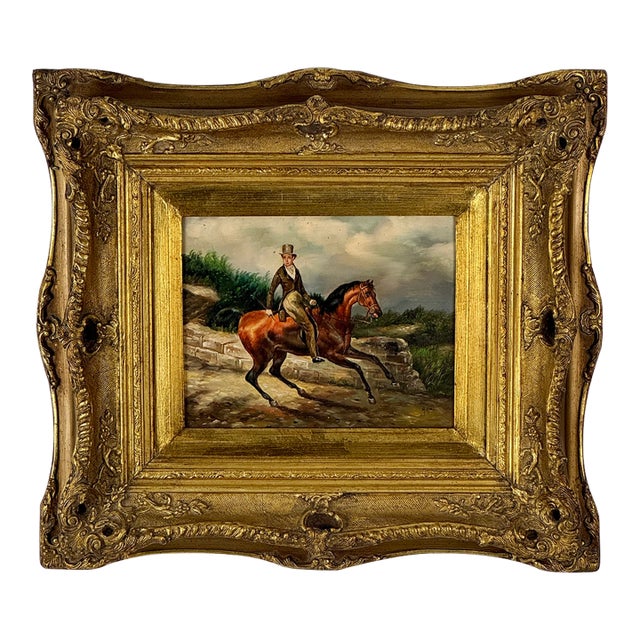 Late 19th Century Original Antique Oil on Board Painting of Gentleman Riding a Horse, Signed H. Hall, in Ornate Gilt Wood Frame For Sale
