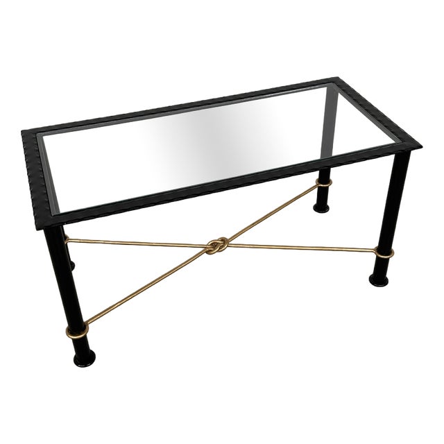 Vintage Textured Forged Iron and Glass Coffee Table with Gilt Knot Detail, 1970s For Sale
