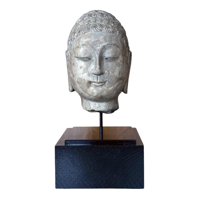 15th Century & Earlier Stone Buddha Head Chinese Qi Dynasty on Custom Stand For Sale