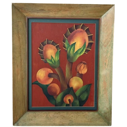 Mid 20th-Century Framed Oil on Board Stylized Botanical Painting For Sale