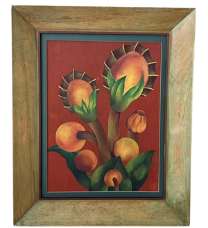 Mid 20th-Century Framed Oil on Board Stylized Botanical Painting