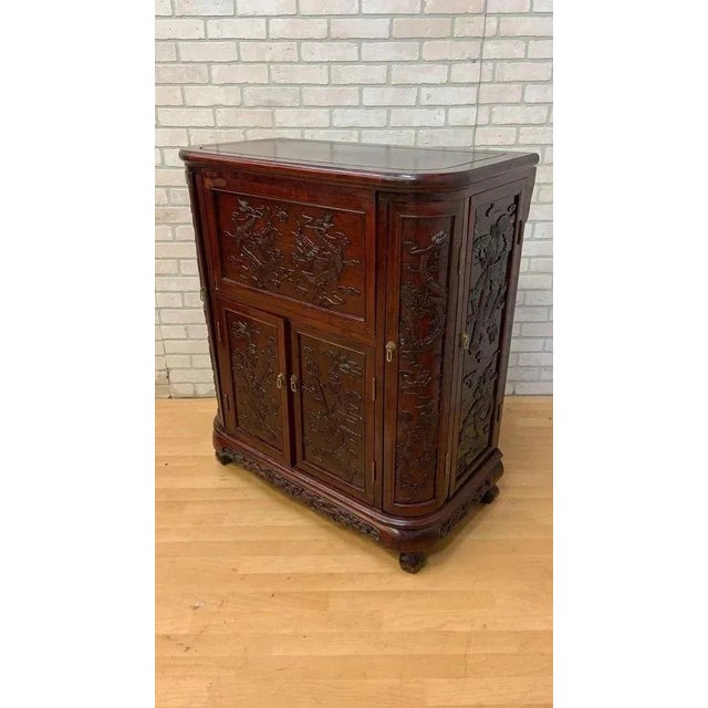 Mid Century Modern Carved Ornate Chinese Rosewood Flip Top Dry Bar Cabinet For Sale - Image 9 of 9