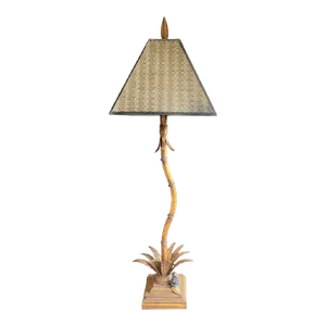 Vintage Slim Tall Wavy Faux Bamboo Gold Gilt Palm Tree Monkey Buffet Table Lamp