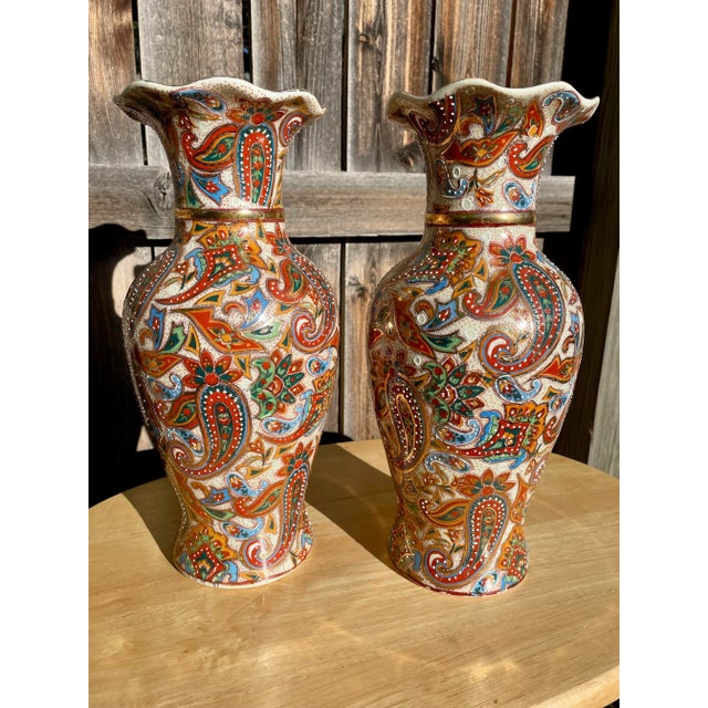 Pair of Early 20th Century Asian Hand Paisley Painted Vases For Sale - Image 11 of 12