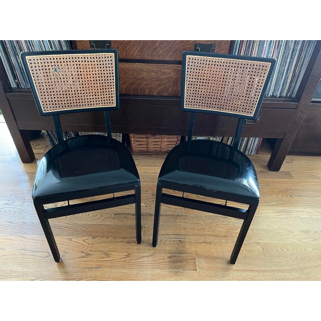Mid-Century Modern 1950s Vintage Stakmore Folding Game Table Set. Cane-Back Seating & Jet-Black Gloss Vinyl - Set of 3 For Sale - Image 3 of 12