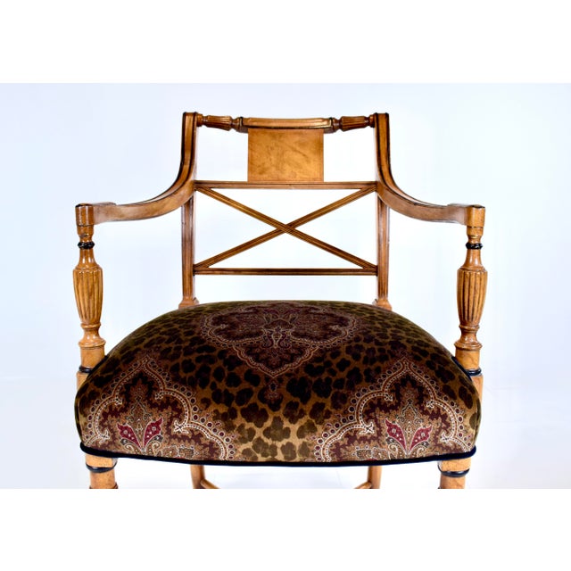 Neoclassical Regency Armchairs in Velvet by Thomas Hope, Burl Wood, X-Back Design For Sale - Image 3 of 13