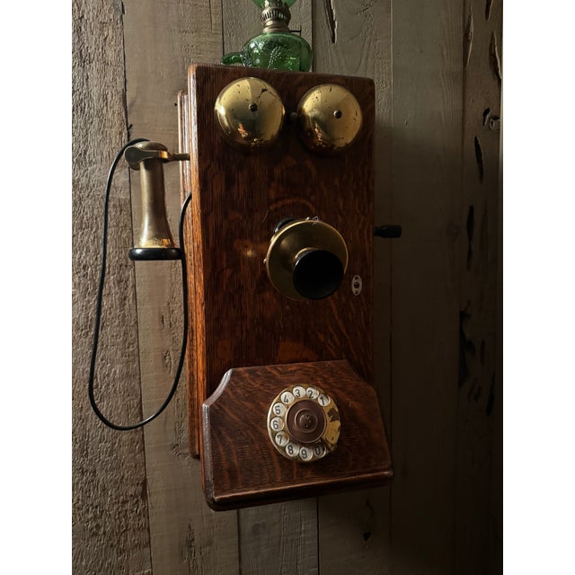 Wood Imported Antique Argentine Oak Wall Telephone With Brass Bells & Green Glass Accent For Sale - Image 7 of 8