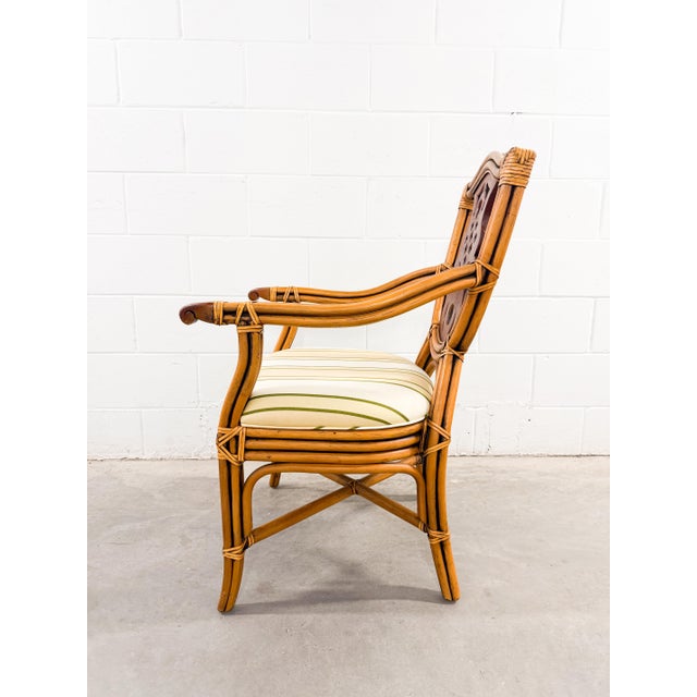 Wood Set of 4 Coastal Palm Beach Style Bamboo and Mahogany Arm Chairs For Sale - Image 7 of 16