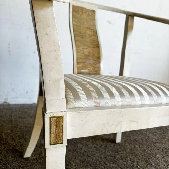 Ming Style Tessellated Stone Arm Chair With Brass Inlay - Maitland Smith Style For Sale - Image 10 of 12