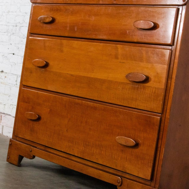 1930s to 1950s Transitional Solid Maple Gentleman’s Chest With Hand Carved Pulls and Wall Mirror For Sale - Image 11 of 18