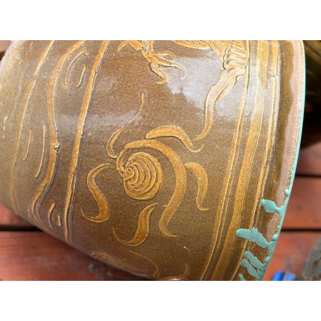 Large Chinese Glazed Terracotta Earthenware Planter Set Decorated With Dragons Egg Pots For Sale - Image 16 of 18