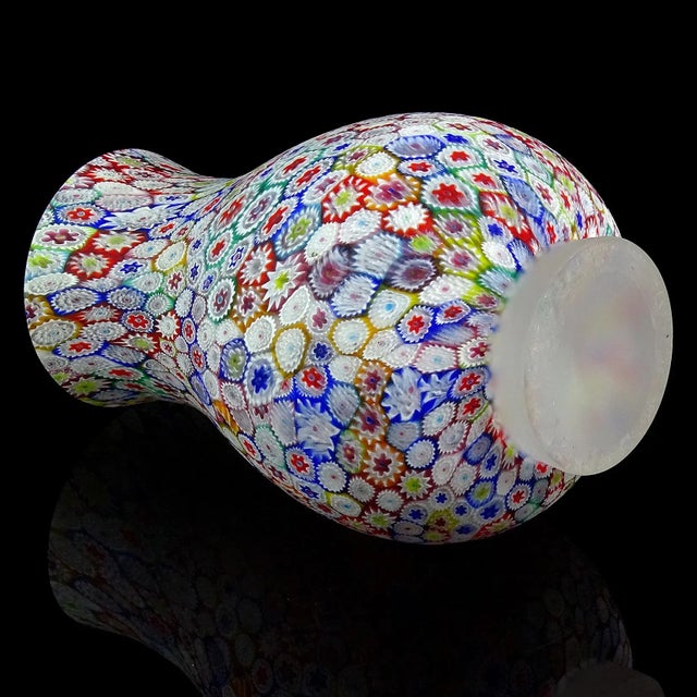 Red Murano Fratelli Toso Vintage Millefiori Flower Mosaic Rainbow Colors Italian Art Glass Footed Vase For Sale - Image 8 of 11
