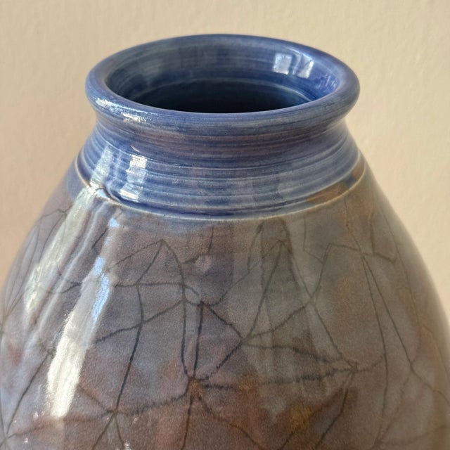 Vintage Hand Thrown Pottery Vase With Glazed Design in Blue and Mauve, Signed For Sale - Image 4 of 7