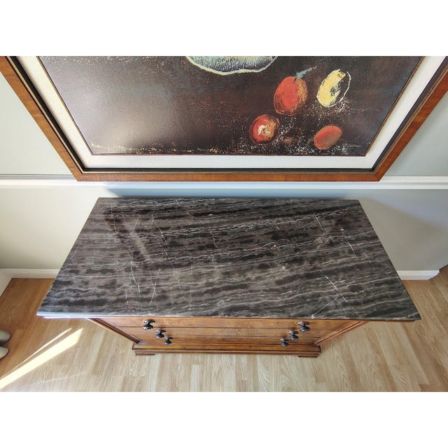 French Burl and Mahogany Wood Louis Philippe Chest / Commode With Marble Top by Ethan Allen For Sale - Image 3 of 12