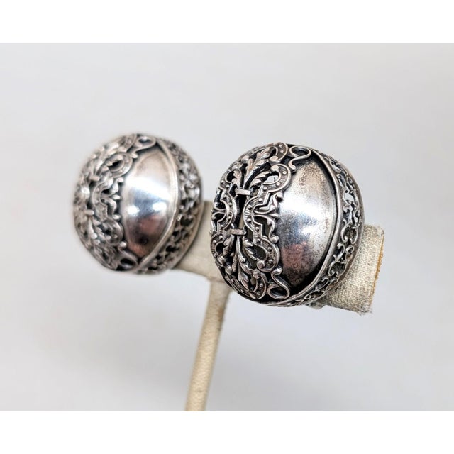 Mid-Century Modern Vintage 1950s Signed Napier Round Domed Silvertone Filigree Clip Earrings-2 Pieces For Sale - Image 3 of 7