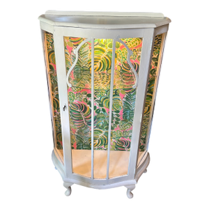 Vintage White Wooden Short Light Up Glass Display Cabinet With Tropical Wallpaper Background