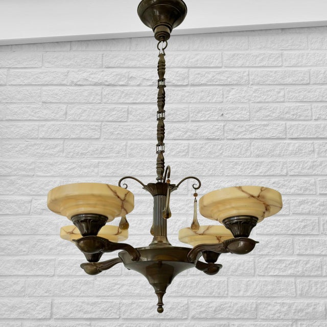 Chandelier in Brass & Glass from Bröderna Malmströms Metallvarufabrik, Sweden, 1930s For Sale - Image 14 of 14