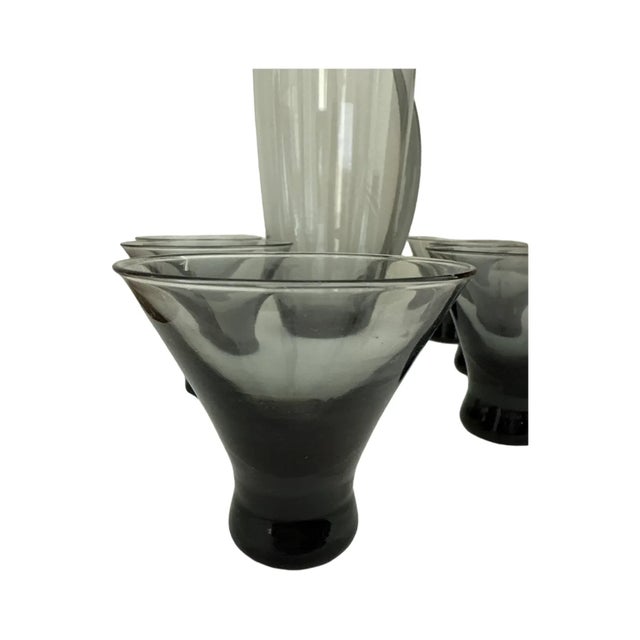 Gray 1960s Mid-Century Modern Morgantown Glass “Normandie” Smoke Gray Pitcher & Six Glasses - 7 pcs For Sale - Image 8 of 10