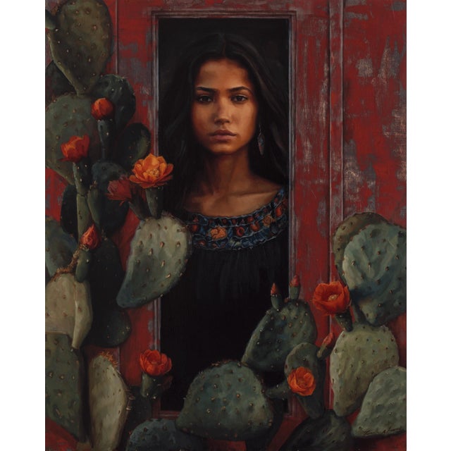Figurative Resilience in Bloom by Terra Novak | Oil on wood Portrait of a woman surrounded by cacti and flowers For Sale - Image 3 of 5