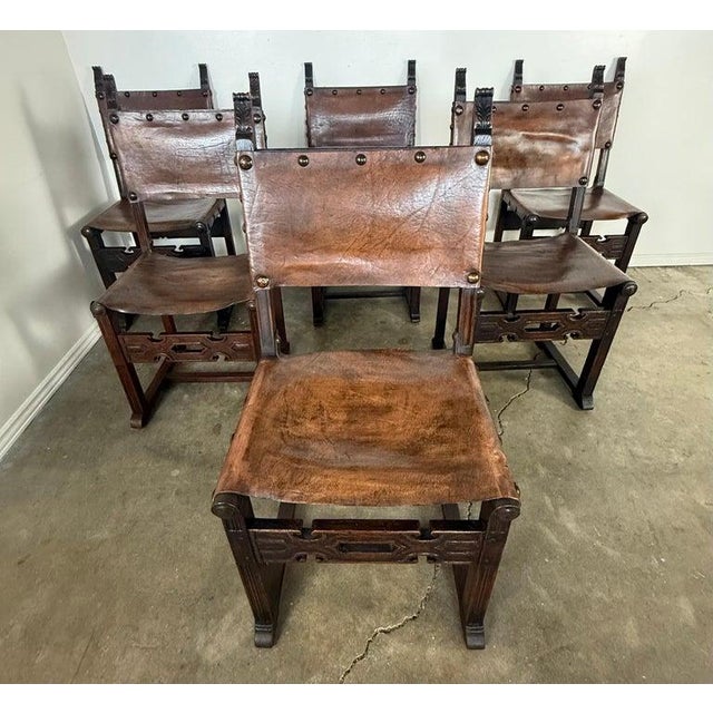 Brown Set of Six Spanish Revival Leather and Carved Wood Armchairs For Sale - Image 8 of 17
