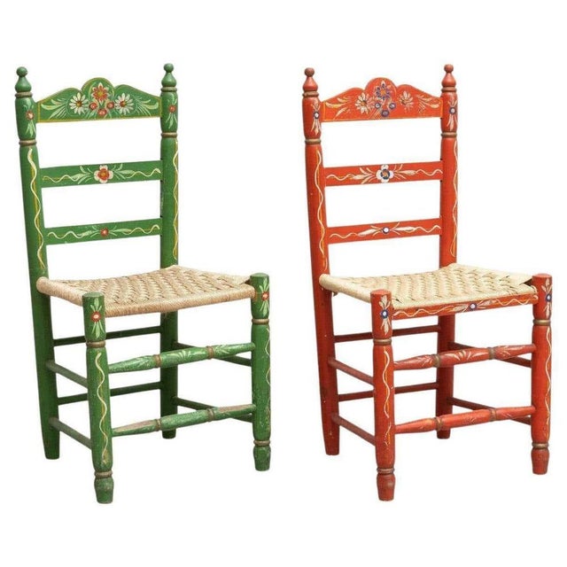Set of two rustic handmade and handpainted wood chair. By unknown artisan in Spain, circa 1940. In good original...