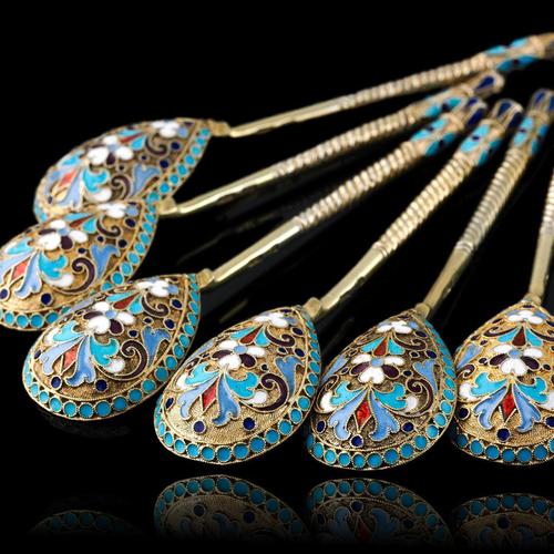 Antique Russian Silver Enamel Cloisonne Spoons by Dmitrii Nikolaevich Nikolaev, 1900s, Set of 6 For Sale - Image 6 of 18