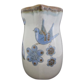 Ken Edwards El Palomar Blue Bird Flowers Mexican Tonal Folk Art Pottery Pitcher For Sale