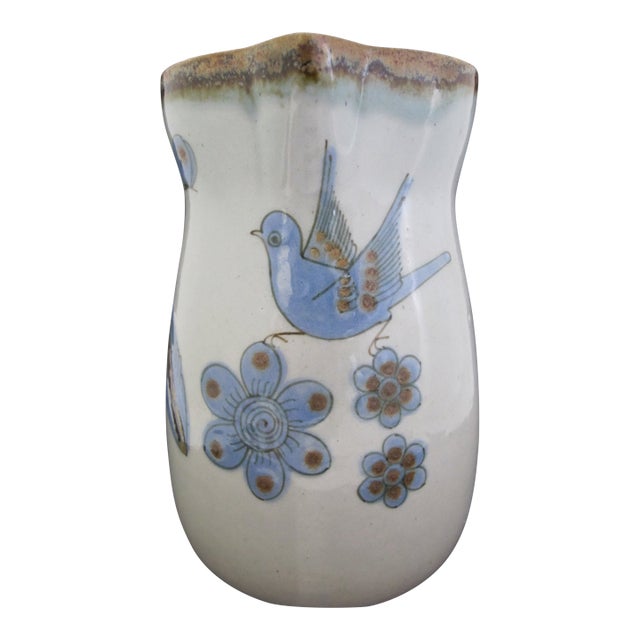 Ken Edwards El Palomar Blue Bird Flowers Mexican Tonal Folk Art Pottery Pitcher For Sale