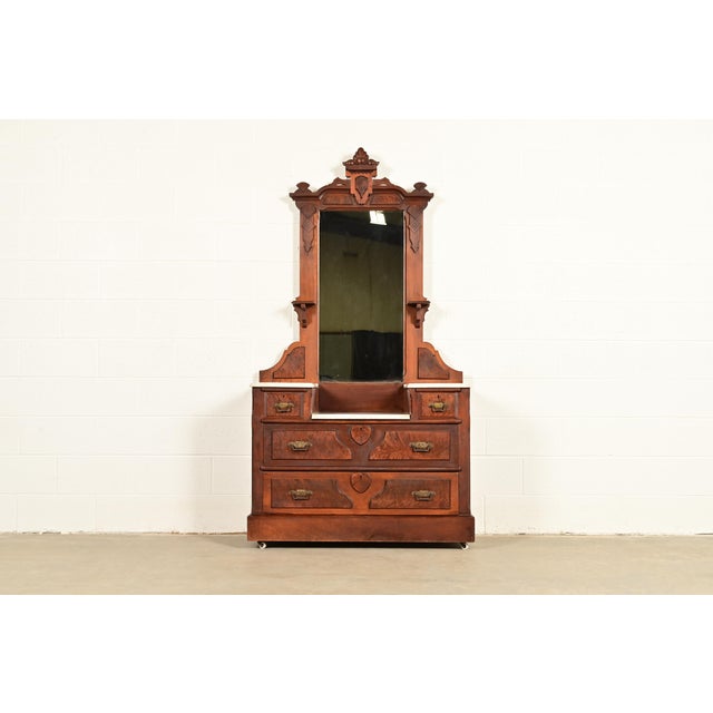 Herter Brothers Style Antique Eastlake Victorian Carved Burled Walnut Marble Top Vanity Dresser With Mirror, Circa 1880s For Sale - Image 18 of 18