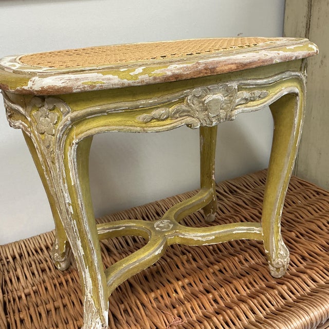 Vintage French Carved Wood Footstool Caning Replaced Chippy Original Finish Beige Yellow For Sale In Philadelphia - Image 6 of 11