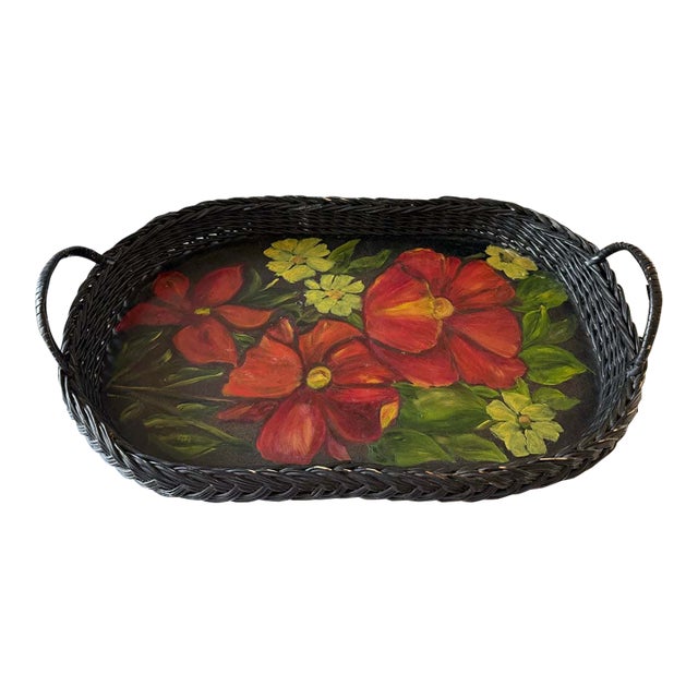 Vintage Oval Wicker Serving Tray With Hand Painted Floral Design For Sale