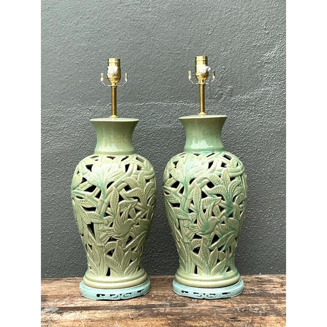 Vintage Cutout Green Ceramic Table Lamps - Pair For Sale - Image 9 of 12